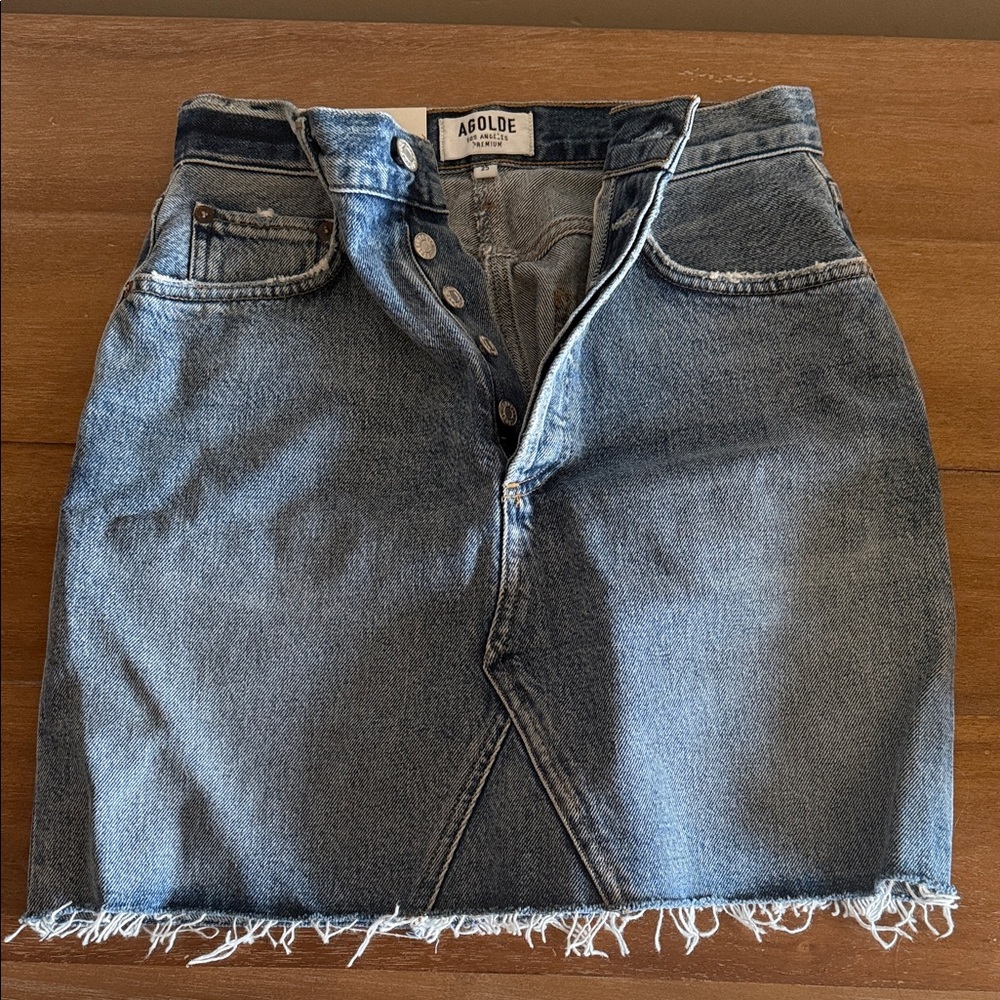 Agolde Blue Denim Skirt with Frayed Hem